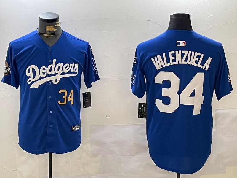 Men Los Angeles Dodgers #34 Valenzuela 2024 World series patch blue jersey 20241120124